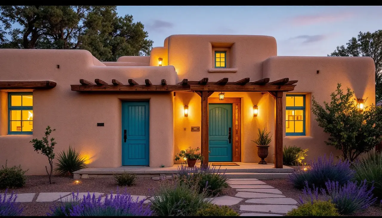 An adobe home with turquoise doors, lit at dusk