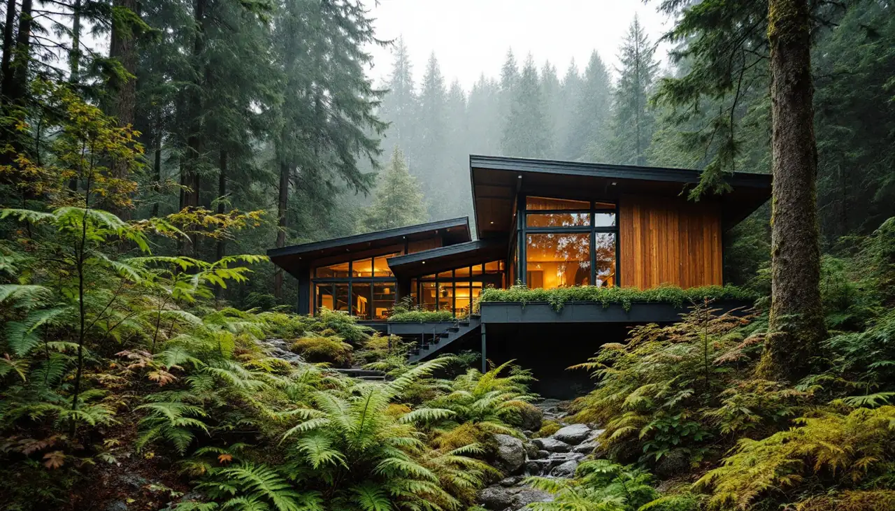 A modern cedar home among ferns and tall evergreens