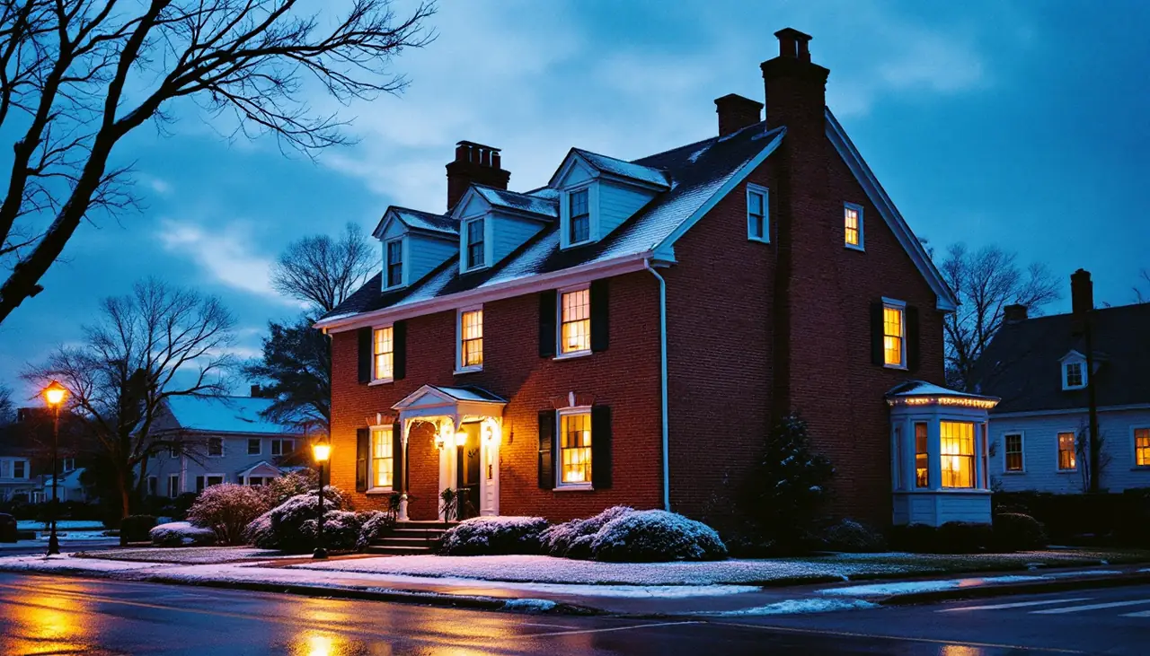 A brick colonial home at dusk after a light snow