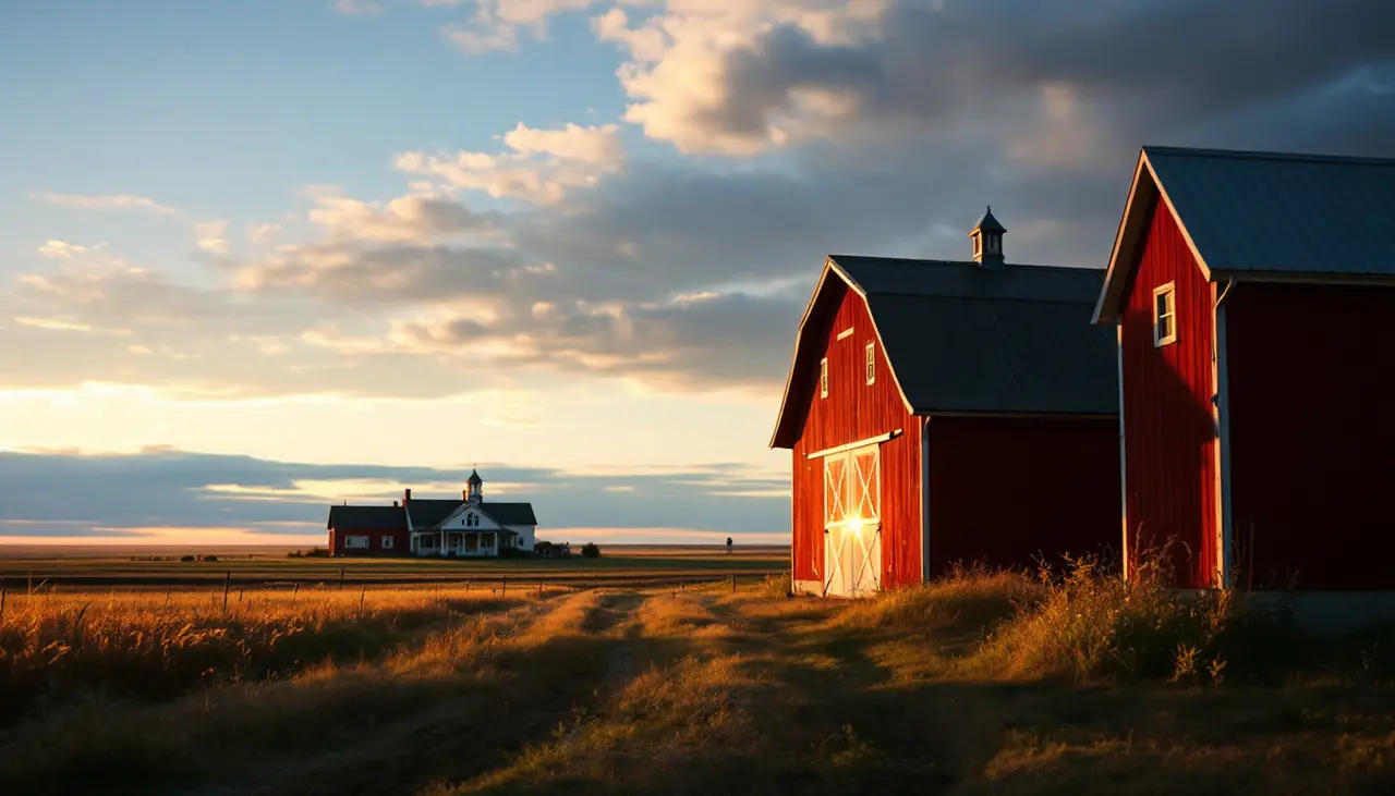 Two red barns on open farmland at sunset