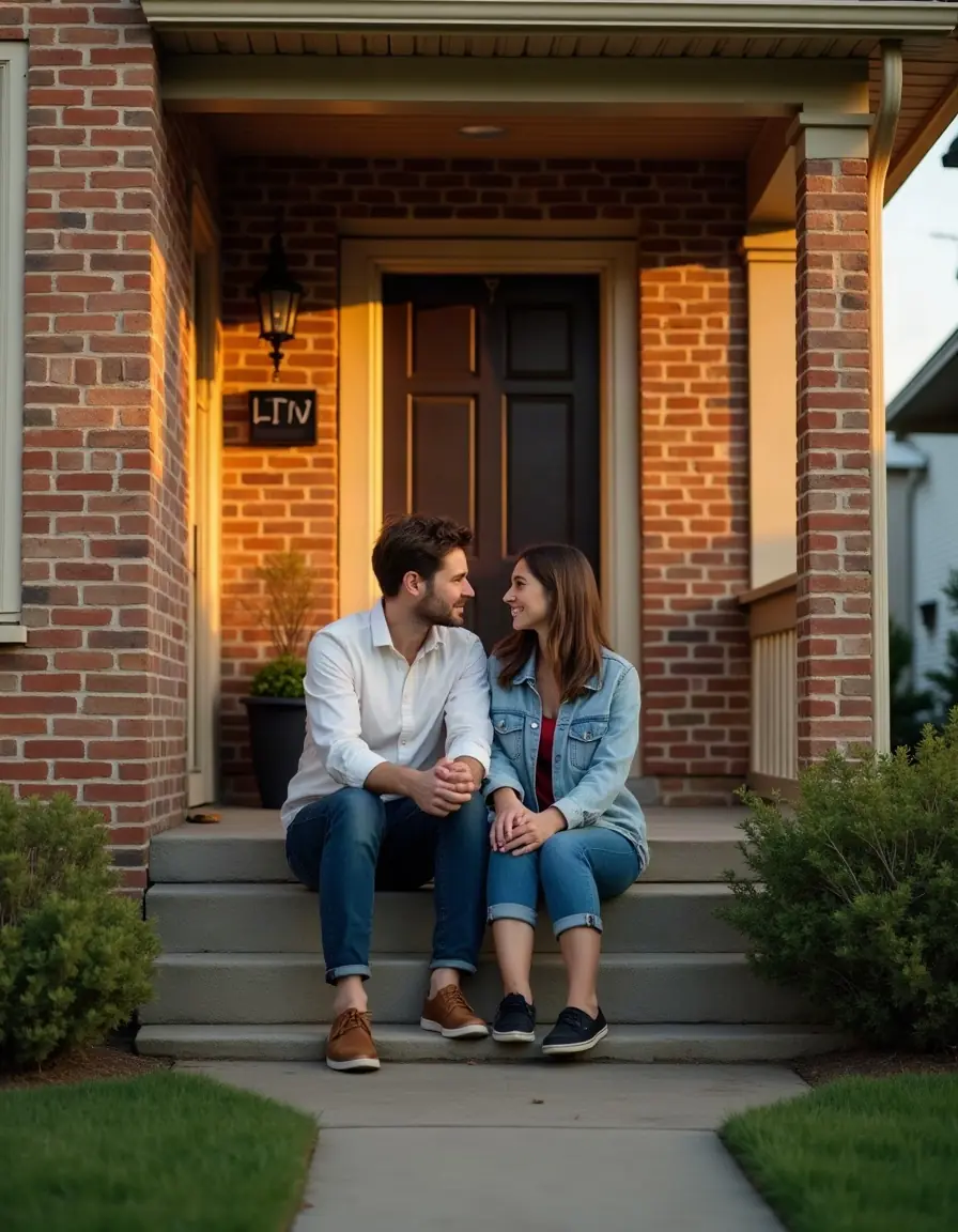 A couple sitting together on the front steps of their brick home
