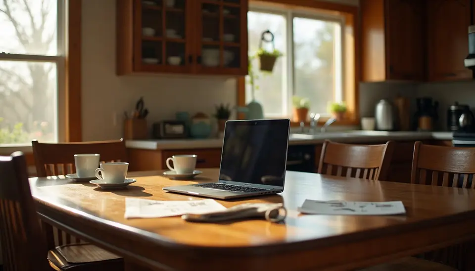 A laptop and papers on a kitchen table in morning light