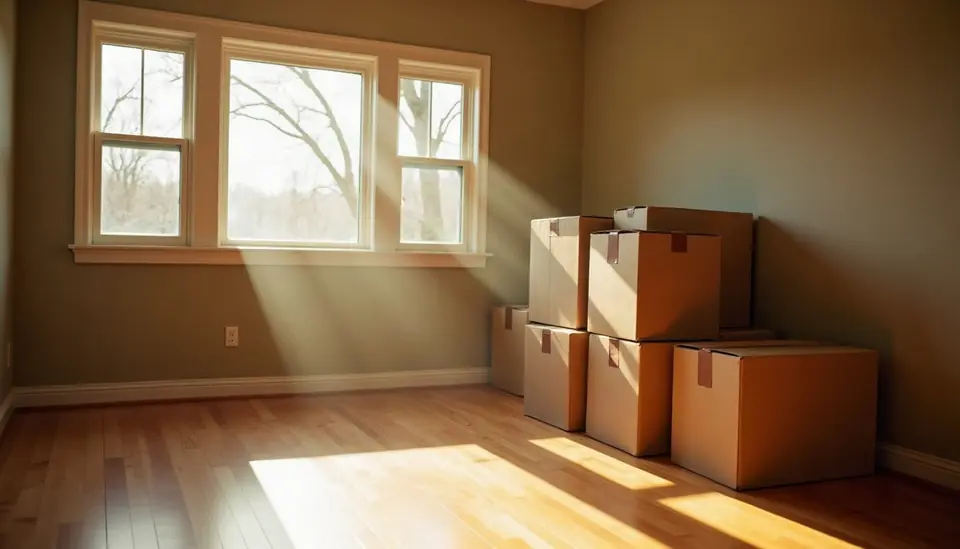 Moving boxes in the sunlit front room of an empty home