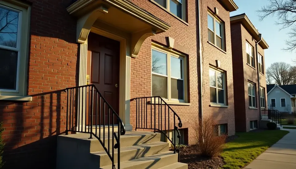 A row of brick apartment buildings with front stoops