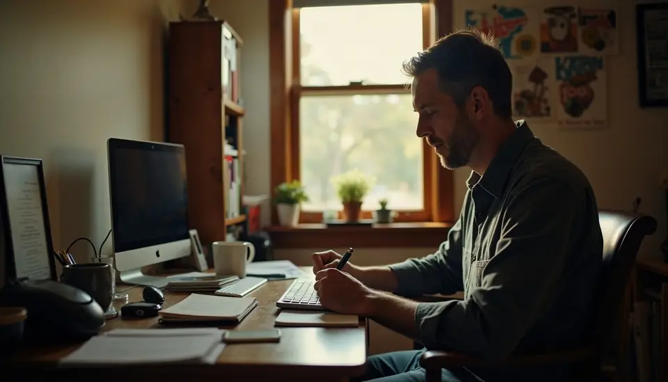 A man working at a desk in his home office