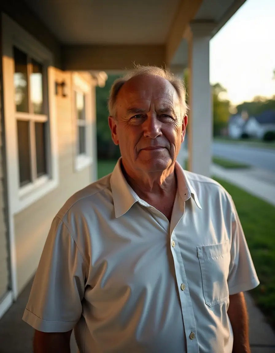 An older man on the front porch of his home